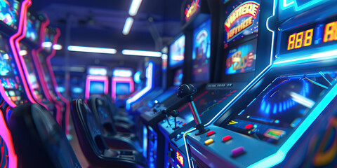 Obraz premium Cybernetic Arcade: An arcade featuring virtual reality games, holographic displays, and advanced gaming technology, offering a futuristic gaming experience