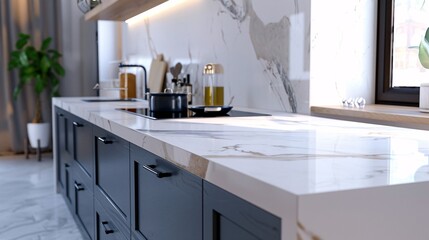 Beautiful kitchen with a white marble countertop, capturing the essence of a summer mood