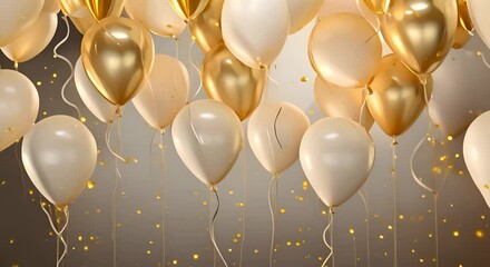 D rendered white and gold balloons with ribbons for festive occasions. Concept 3D Rendering, Balloons, White and Gold, Festive Decor, Ribbons