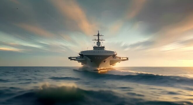 A wideangle shot of a typical military aircraft carrier at sea. Concept Military Aircraft, Aircraft Carrier, Sea, Wideangle Shot, Transportation