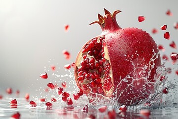 A pomegranate is opened, and red seeds fall out of it on the white background.
