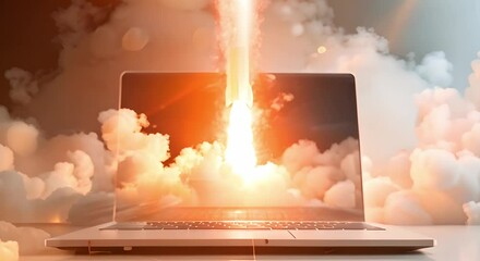 Rocket launching from laptop screen symbolizes modern online marketing success. Concept Marketing Strategies, Digital Innovation, Success Stories, Online Branding, Virtual Launches