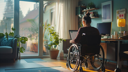 Woman in a wheelchair in a modern home office working with a laptop