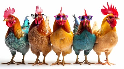Funny colorful chickens all wearing sunglass, full body image, pure white background. An Easter decoration with cool chicken. Easter holiday concept.