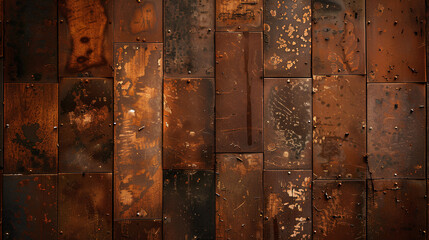  Vintage wooden wall background with rusted metal planks, in dark brown and bronze tones, with an aged wood texture for a rustic design.