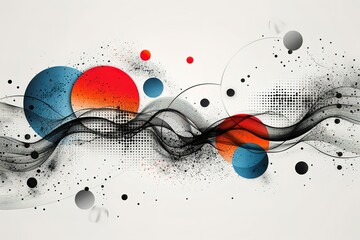 A black and white abstract painting with red, blue and grey circles