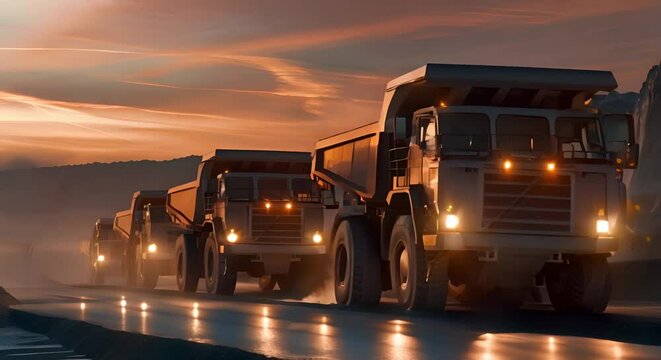 Coal dump trucks at an opencut coal mine. Concept Heavy machinery, Mining operations, Opencut excavation, Coal extraction, Industrial equipment