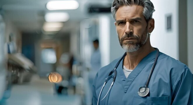 A male doctor in a blue coat with a sad expression walking through a hospital corridor. Concept Male Doctor, Blue Coat, Sad Expression, Hospital Corridor, Medical Professional
