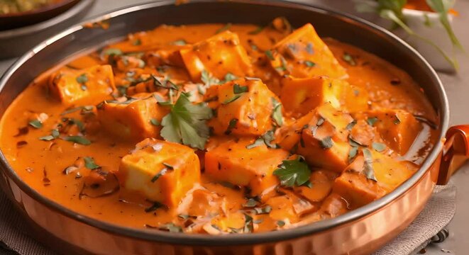 Spicy Paneer Tikka Masala Cooked in a Copper Pan. Concept Indian Cuisine, Vegetarian Dishes, Cooking Techniques, Culinary Presentation, Copper Cookware