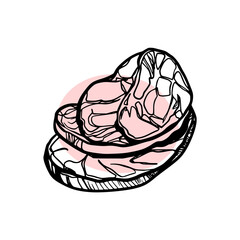 Sketch of meat products. Hand-drawn beef, lamb and pork steak extra or medium rare. Grilled sausages