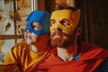 Father and son dressed up a wearing superhero masks. Father's dad image