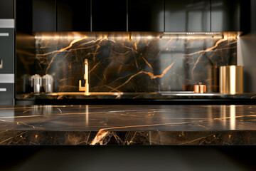 Modern empty dark marble table top or kitchen island on blurry bokeh kitchen room interior background. for montage product display