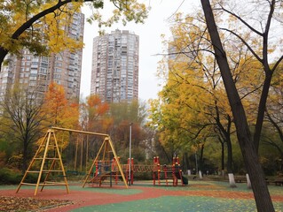 A colorful playground with swings and climbing structures is set against a backdrop of tall apartment buildings and autumn trees with yellow and orange leaves.