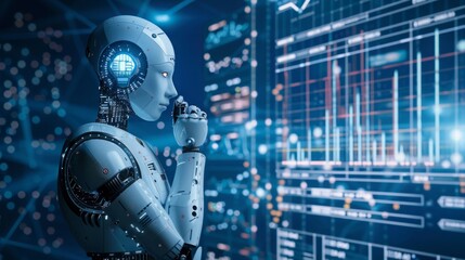 A sophisticated robot deeply examines complex data visualizations on multiple transparent digital screens in a high-tech laboratory setting during nighttime.