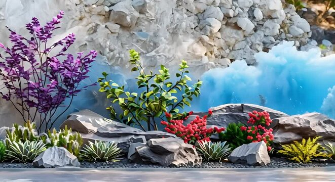 Creating a D Render of Ornamental Shrub Landscaping with Rock Features and Plants. Concept Architectural Rendering, Landscaping Design, 3D Modeling, Outdoor Decor, Nature Elements