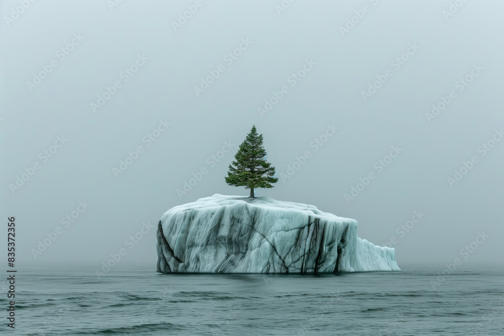 Wall mural Resilience concept with green tree growing on a lone iceberg at sea