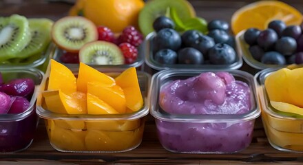 Glass baby food containers with homemade purees and fruits on wooden surface. Concept Food Photography, Homemade Baby Food, Glass Containers, Organic Fruits, Wooden Background