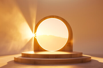 Round wooden podium with beautiful backlighting and haze in delicate pastel golden brown tones