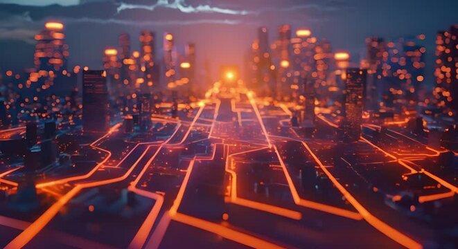 Silicon wafer with glowing circuits symbolizes AIs role in futuristic cityscape. Concept Technology, AI, Future Cities, Silicon Wafer, Glowing Circuits