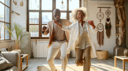 Senior Couple Dancing Joyfully in Sunlit Living Room