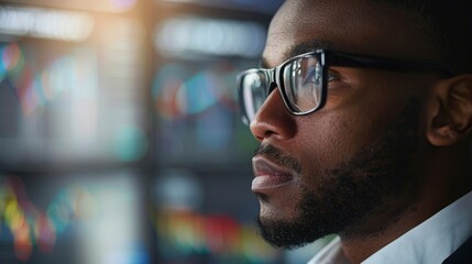 Fototapeta premium A man wearing glasses is staring off into the distance with a thoughtful expression on his face.