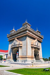 Vientiane, LA - FEBRUARY 02, 2024: Patuxai, the ancient memorial monument that be the most famous landmark in Vientiane City, Laos, with many tourists and travelers.