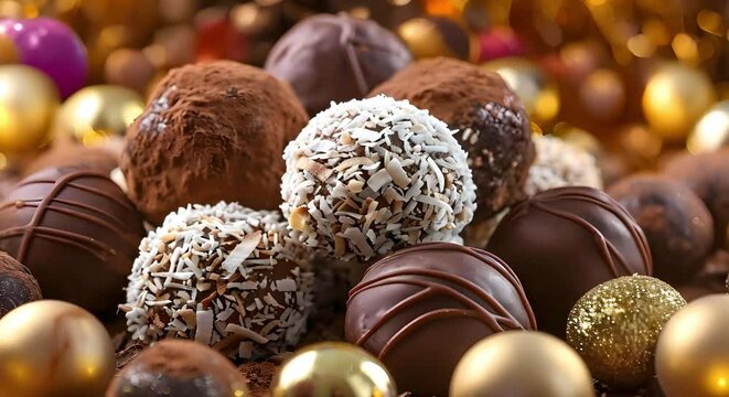 Closeup of chocolate coconut truffles surrounded by golden baubles in warm light. Concept Food Photography, Dessert Styling, Festive Decor, Warm Lighting, Closeup Shots