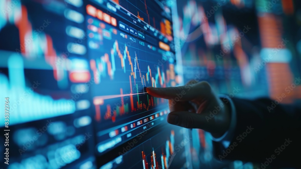 Poster a hand pointing at a screen displaying a detailed chart, indicating data analysis or presentation in