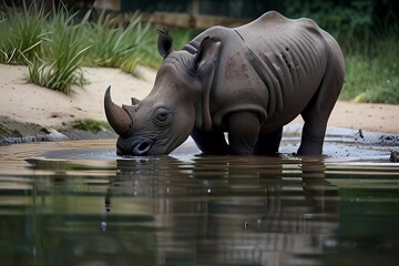 Mother and baby calf rhino. Mother and calf rhino walking knee dip in water. Shot was taken in Berlin Zoo
