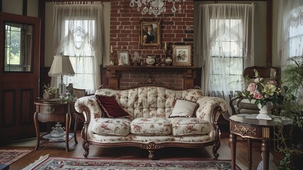 Experience the cozy charm of a classic American living room complete with a coffered ceiling, a traditional mantel adorned with family photos, and a comfortable leather recliner