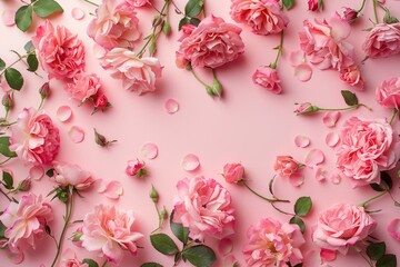 Beautiful floral background. Pink damask rose on pink background top view. Frame of delicate flowers, postcard for holiday, March 8, Mother's Day, wedding