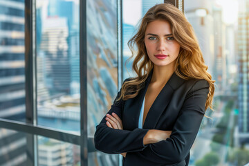 Fototapeta premium Successful Businesswoman Using Tablet Computer, Standing in Modern Diverse Office in Downtown And Working on Financial, Business and Marketing Projects. Portrait of Beautiful Caucasian Manager.
