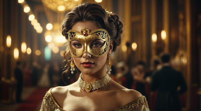 Portrait of a beautiful noblewoman in a golden mask at a masquerade ball in 1800s France. - Generative AI
