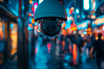 cctv camera.AI CCTV camera with facial recognition. Crowds of people walking along busy city streets. Data analysis.