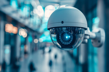 cctv camera.AI CCTV camera with facial recognition. Crowds of people walking along busy city streets. Data analysis.