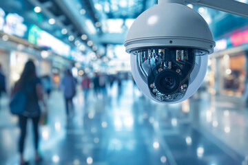 cctv camera.AI CCTV camera with facial recognition. Crowds of people walking along busy city streets. Data analysis.