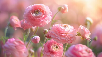 Pink delicate flowers of Asian ranunculus in a field. Beautiful floral natural background, wallpaper. Trendy flowers buttercups
