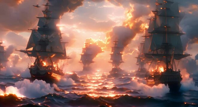 A dramatic scene featuring pirates in action full of adventure and danger. Concept Adventure, Pirates, Dramatic Scene, Action-filled, Dangerous Settings