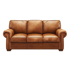 Elegant brown leather sofa with three cushions in a contemporary design, perfect for modern living room interiors and stylish home decor. transparent backgrounds