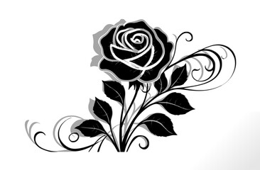 vector black rose with leaves on white background. black color beautiful rose with shadow for background use.