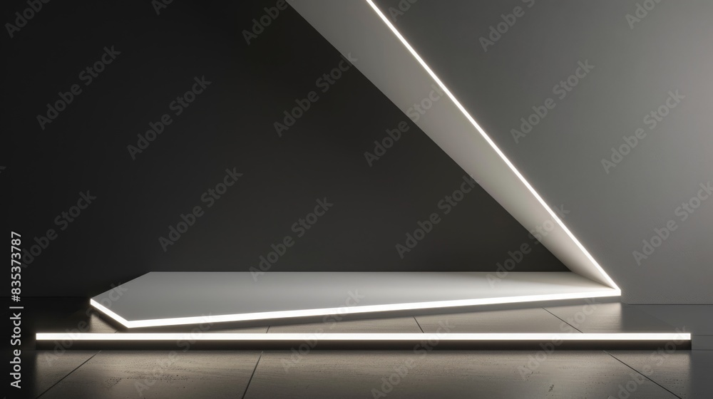 Poster a sleek modern interior featuring a geometric lighting installation with clean lines and illuminated