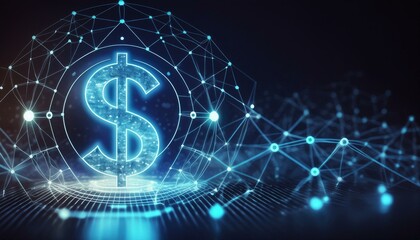 Fototapeta premium Dollar Sign represented in Blue Neon Light - Digital Dollar Wallpaper or Background - Dollar as Global Currency - Monetary System