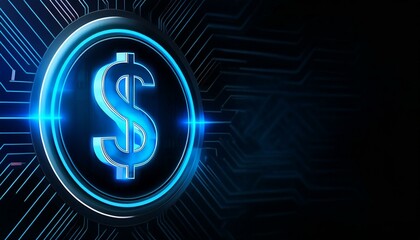 Fototapeta premium Dollar Sign represented in Blue Neon Light - Digital Dollar Wallpaper or Background - Dollar as Global Currency - Monetary System