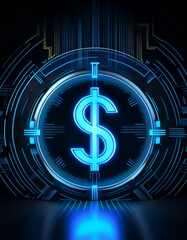 Dollar Sign represented in Blue Neon Light - Digital Dollar Wallpaper or Background - Dollar as Global Currency - Monetary System