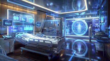 
Visualize a futuristic ICU with telemedicine capabilities, allowing specialists to remotely monitor and treat patients