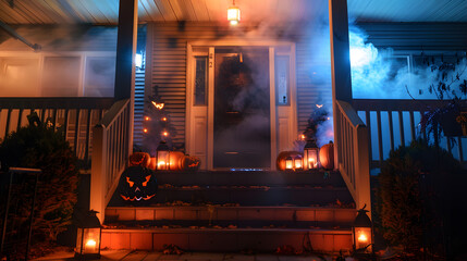 Halloween themed front porch with lanterns, pumpkins and a fog machine creating an eerie atmosphere for guests to enter the house