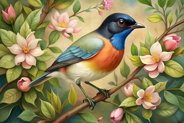  colour full bird with flowers on the branches