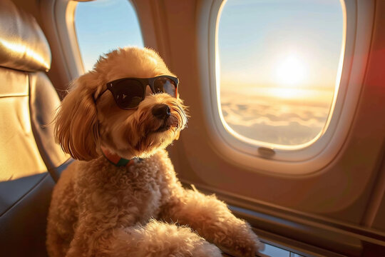 Cute dog wearing sunglasses sitting on the window sit of flying aircraft, planes for dogs concept, ai generated
