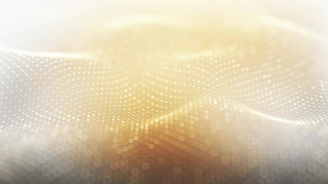 Mesmerizing golden waves with network of connected dots in white & orange hues transforming into abstract digital landscape, perfect for tech themes.