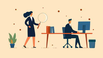 vector illustration of people in office. magnifying glass and computer. search